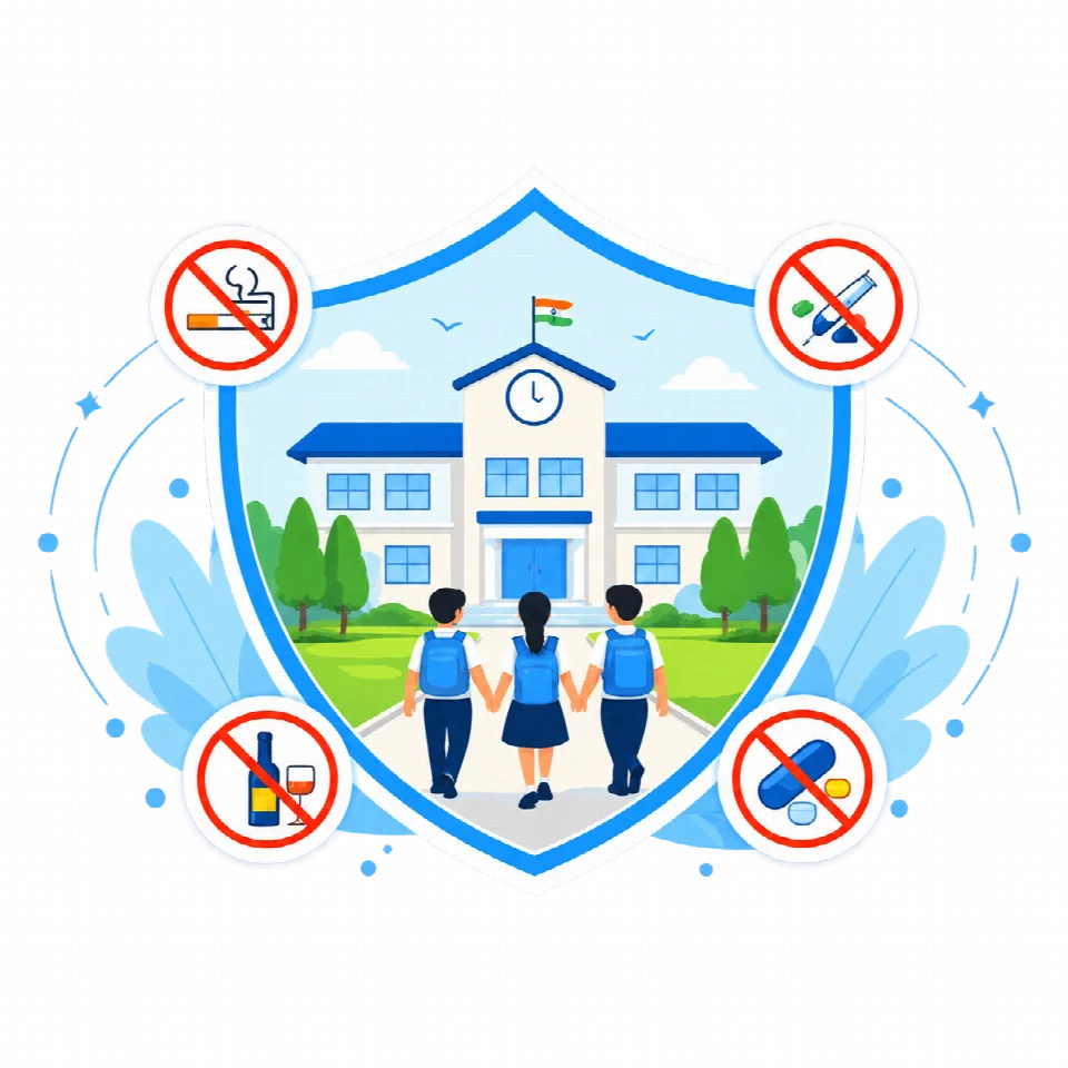 Illustration of students and a school protected by a shield, with symbols encouraging a tobacco- and substance-free life.