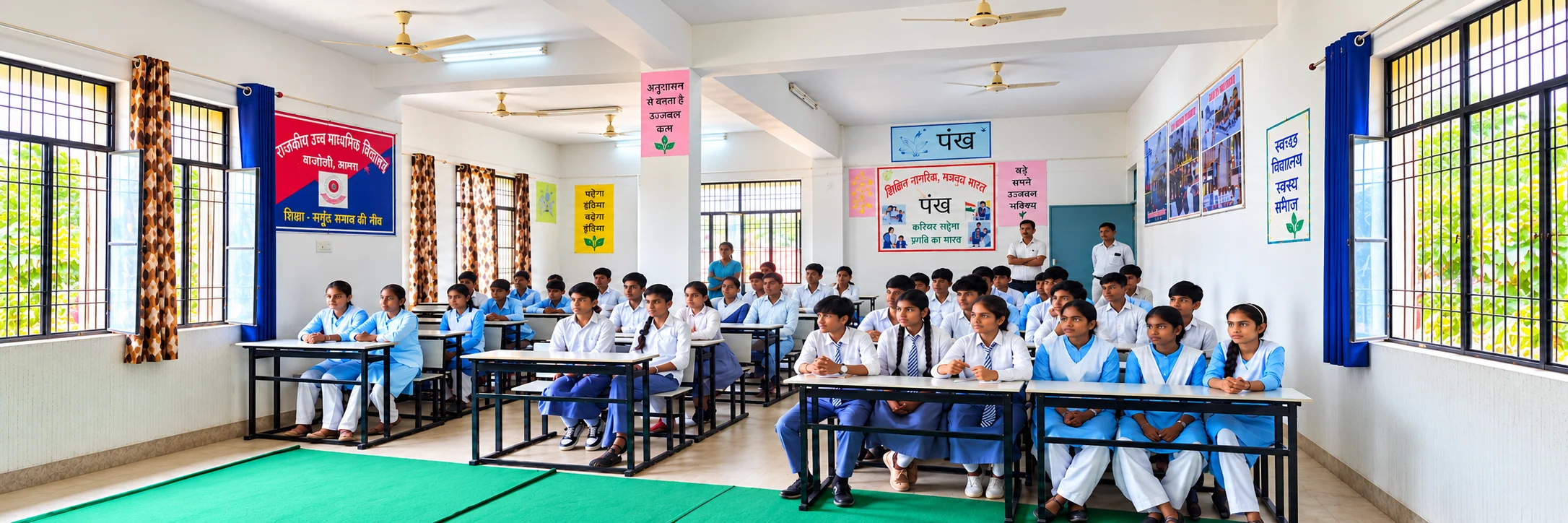 विद्यालय की कक्षा में बैठे छात्र-छात्राएँ और शिक्षक